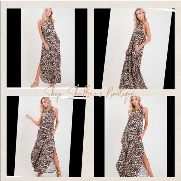 New! Animal Print Slit Maxi Dress with Pockets - Picture 1 of 7